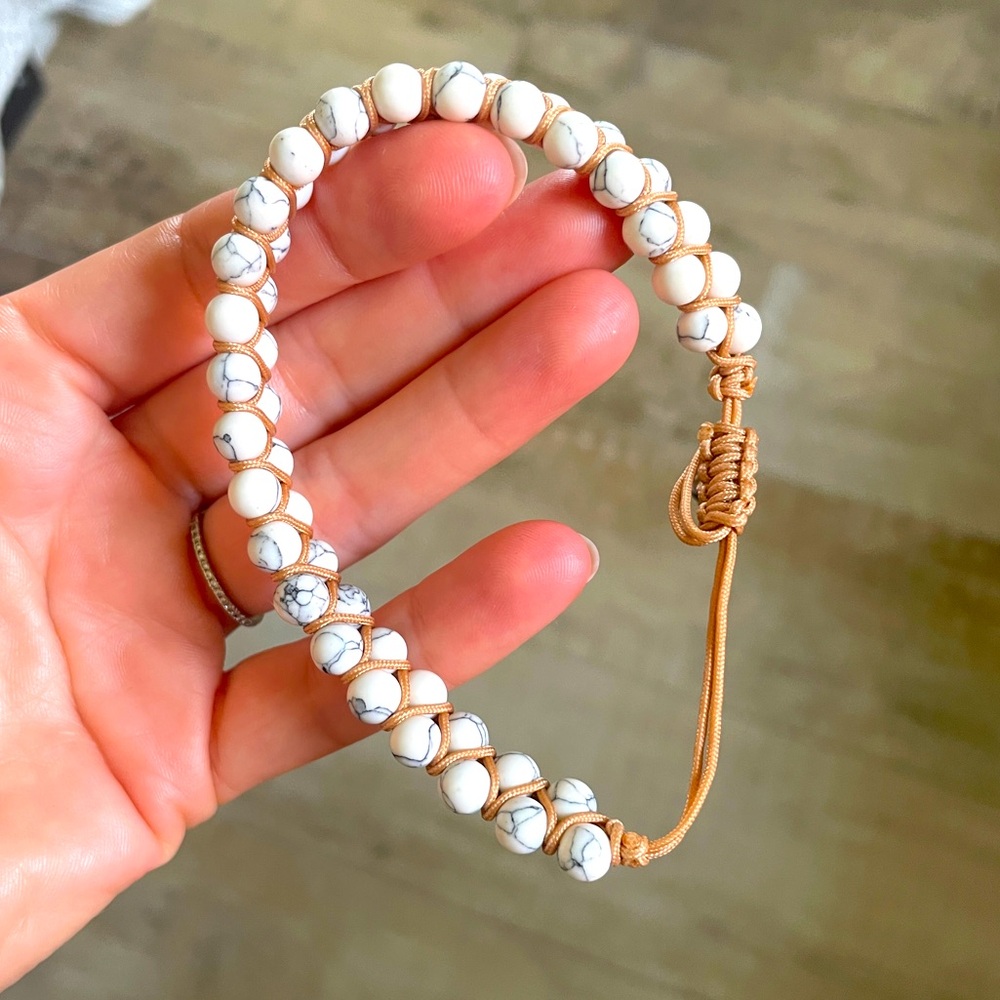 Bohemian White Beaded Bracelet Adjustable‎ Cord Marbled Stone Earthy Boho Chic